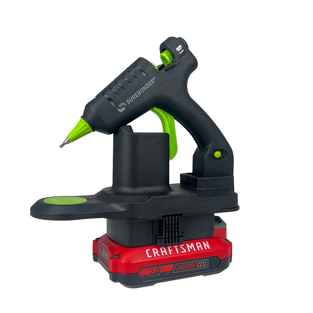Surebonder cordless mini hot glue gun charging on Craftsman 20V battery with precision tip.