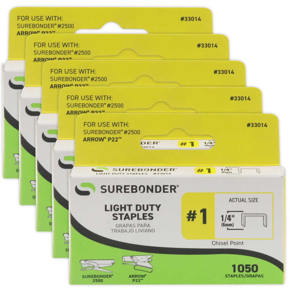 33014 #1 Light Duty Staples - 1/4" Length - 1050/box, 5 Pack