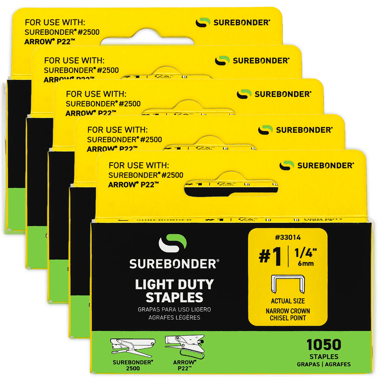 Surebonder 33014 light duty #1 1/4 inch staples, pack of 5, 1050 count each, compatible with Surebonder 2500 and Arrow P22 staplers.