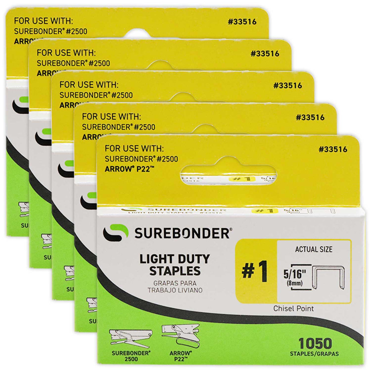33516 #1 Light Duty Staples - 5/16" Length - 1050/box, 5 Pack