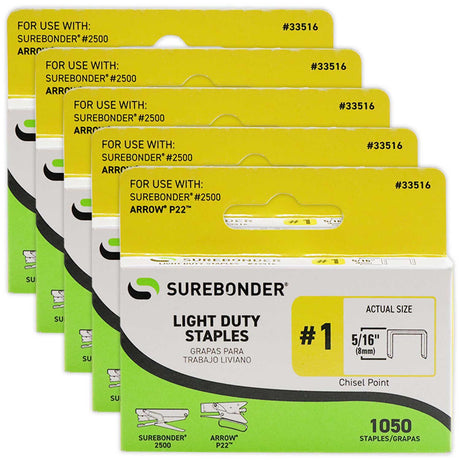 33516 #1 Light Duty Staples - 5/16" Length - 1050/box, 5 Pack