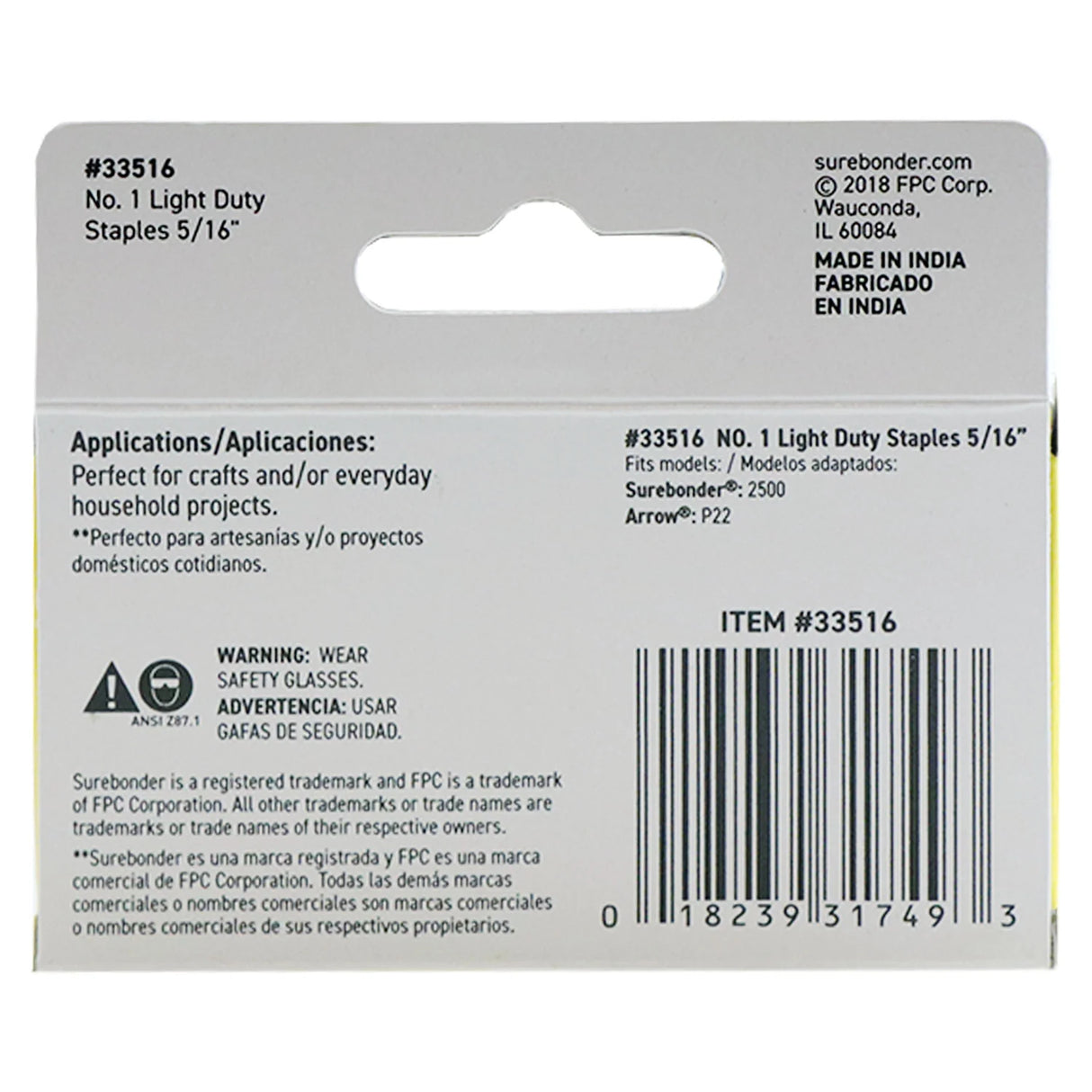 Back of a Surebonder #33516 Light Duty 5/16 inch staple box showing specifications, applications, and compatibility with Surebonder 2500 and Arrow P22 staplers.