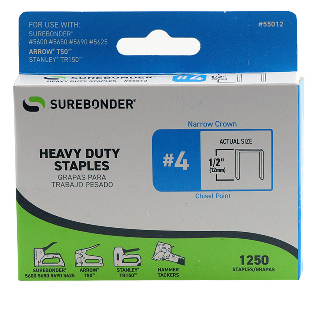 55012 #4 Heavy Duty Narrow Crown Staples - 1/2" Length - 1250/box, 5 Pack - Surebonder