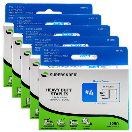 55012 #4 Heavy Duty Narrow Crown Staples - 1/2" Length - 1250/box, 5 Pack