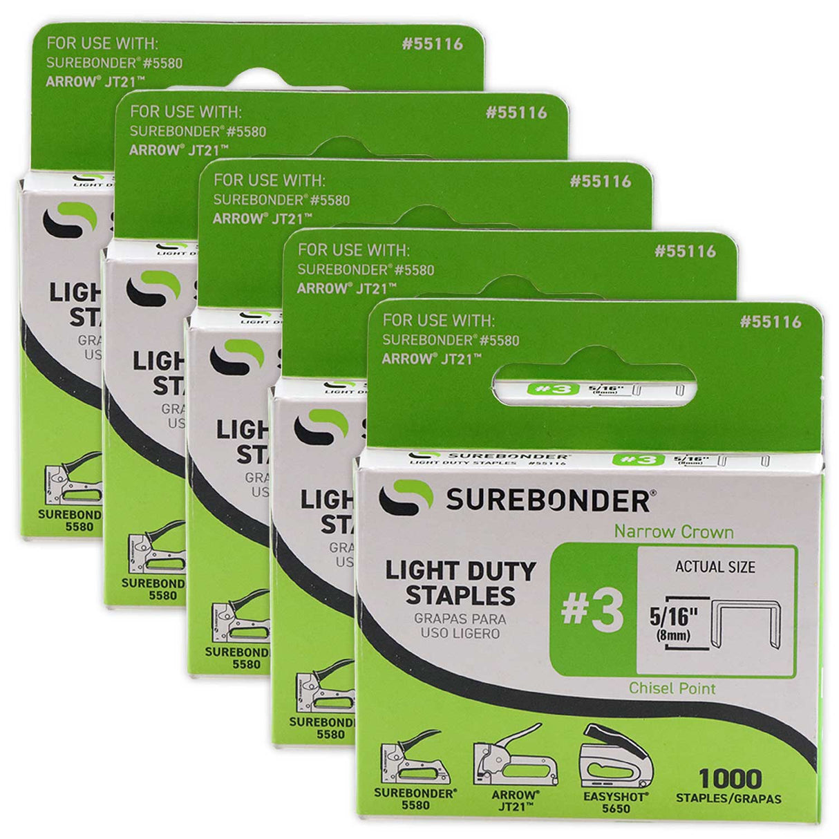55116 #3 Light Duty Narrow Crown Staples - 5/16" Length - 1000/box, 5 Pack