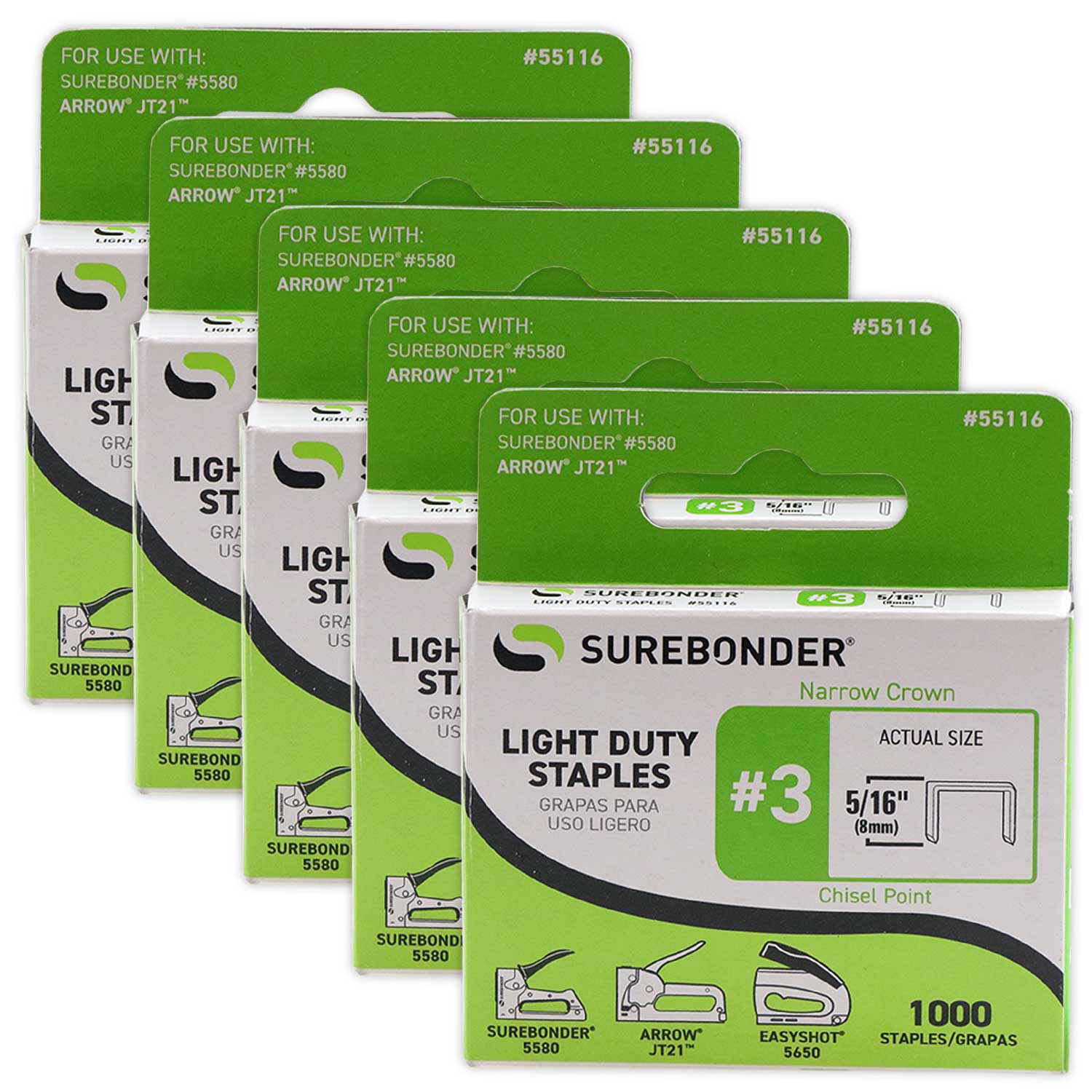 55116 #3 Light Duty Narrow Crown Staples - 5/16" Length - 1000/box, 5 Pack