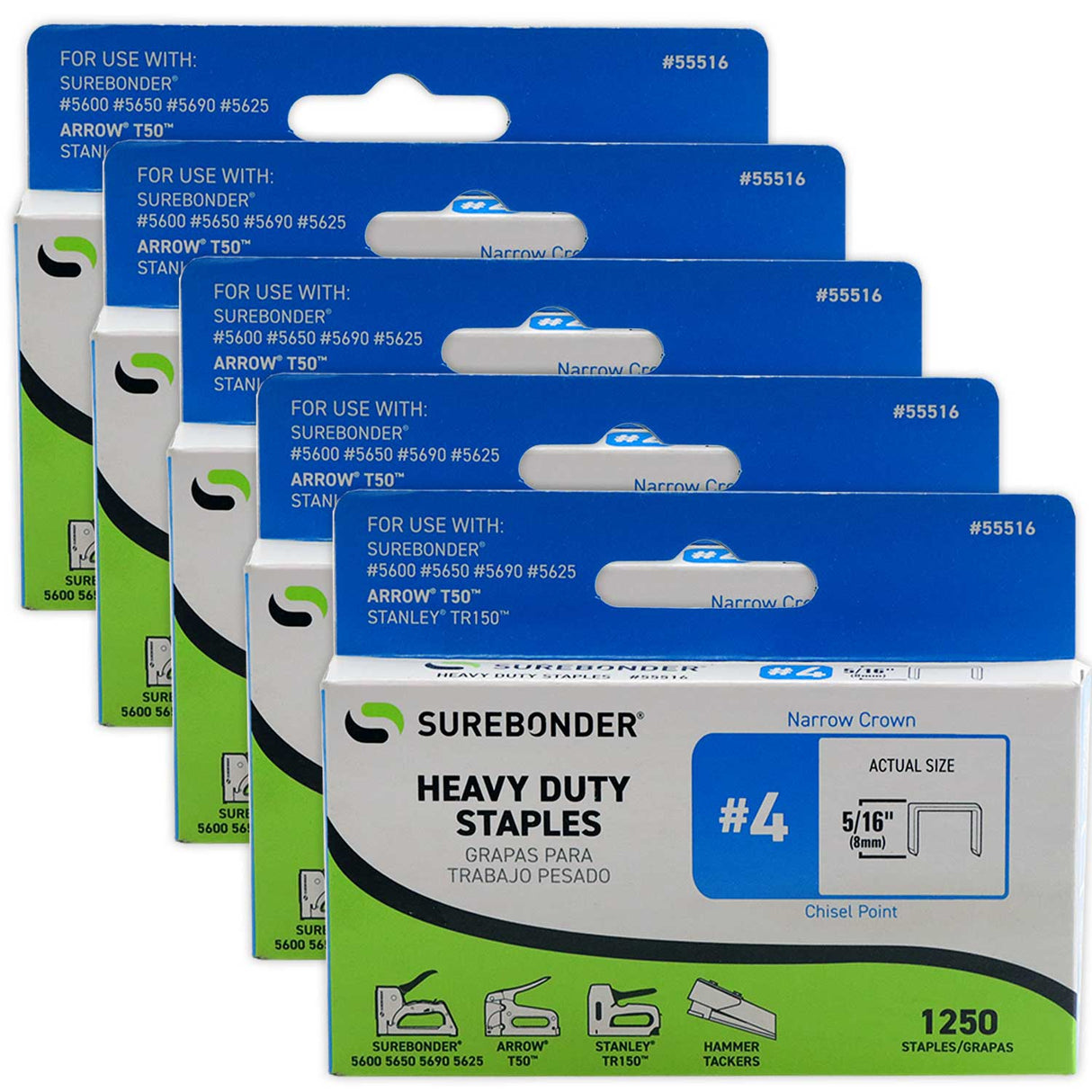 55516 #4 Heavy Duty Narrow Crown Staples - 5/16" Length - 1250/box, 5 Pack