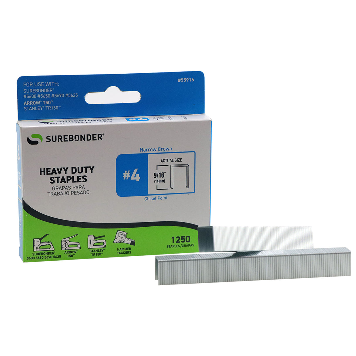 55916 #4 Heavy Duty Narrow Crown Staples - 9/16" Length - 1250/box, 5 Pack - Surebonder
