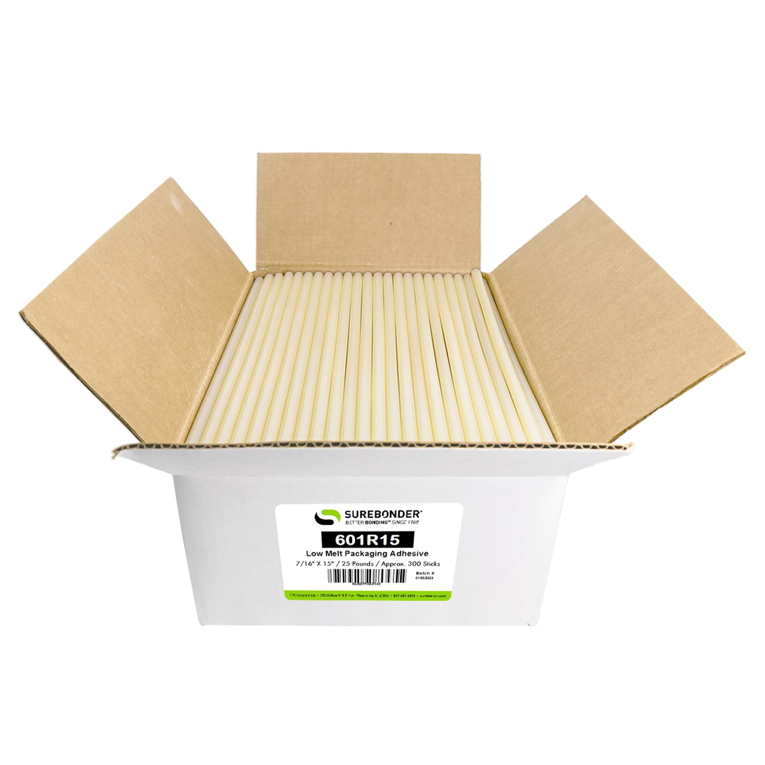 601R15 Low Melt Packaging Glue Sticks - 7/16" x 15" | 25 lb Box