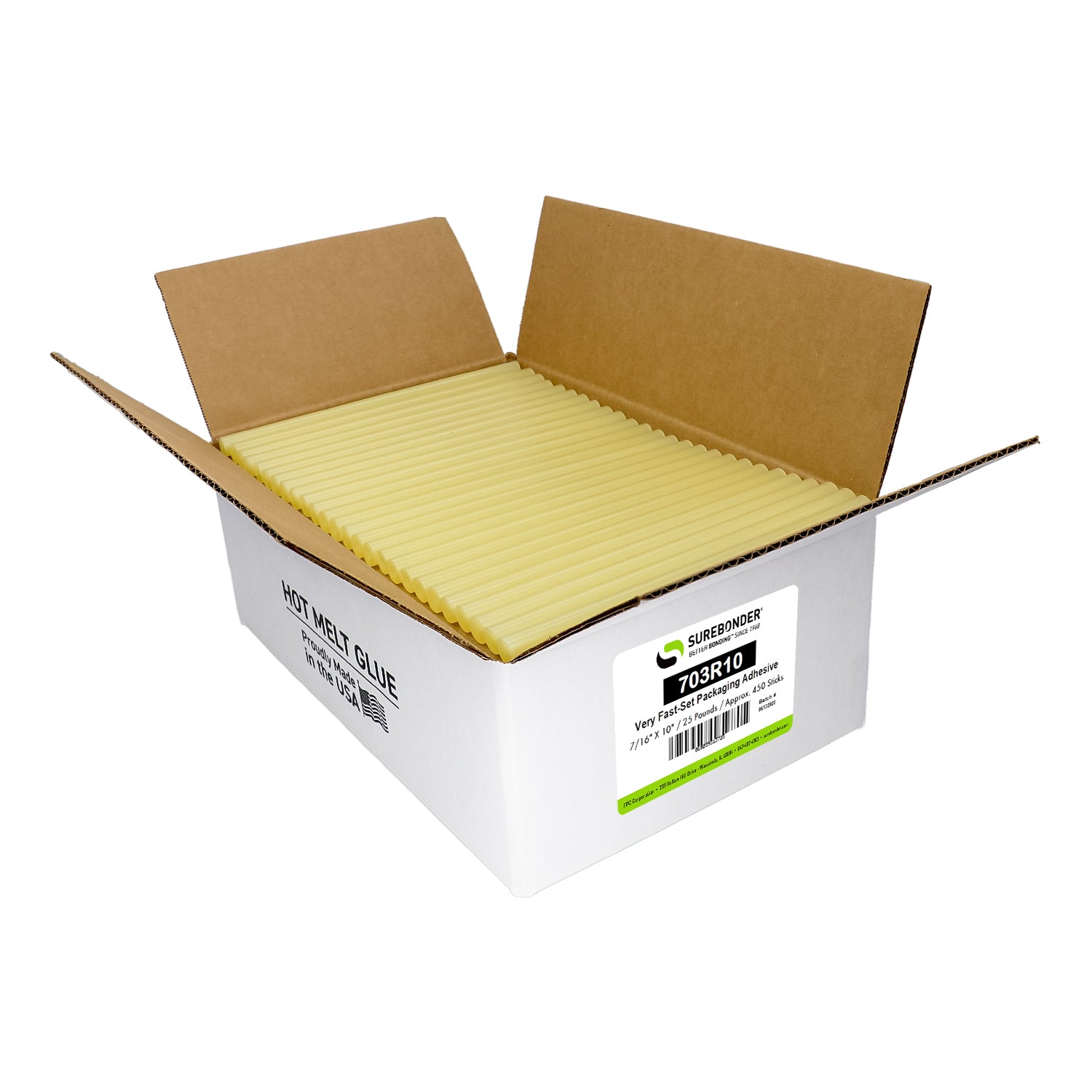 703R10 Full Size 10" Very Fast Set Hot Glue Stick - 7/16" x 10" | 25 lb Box