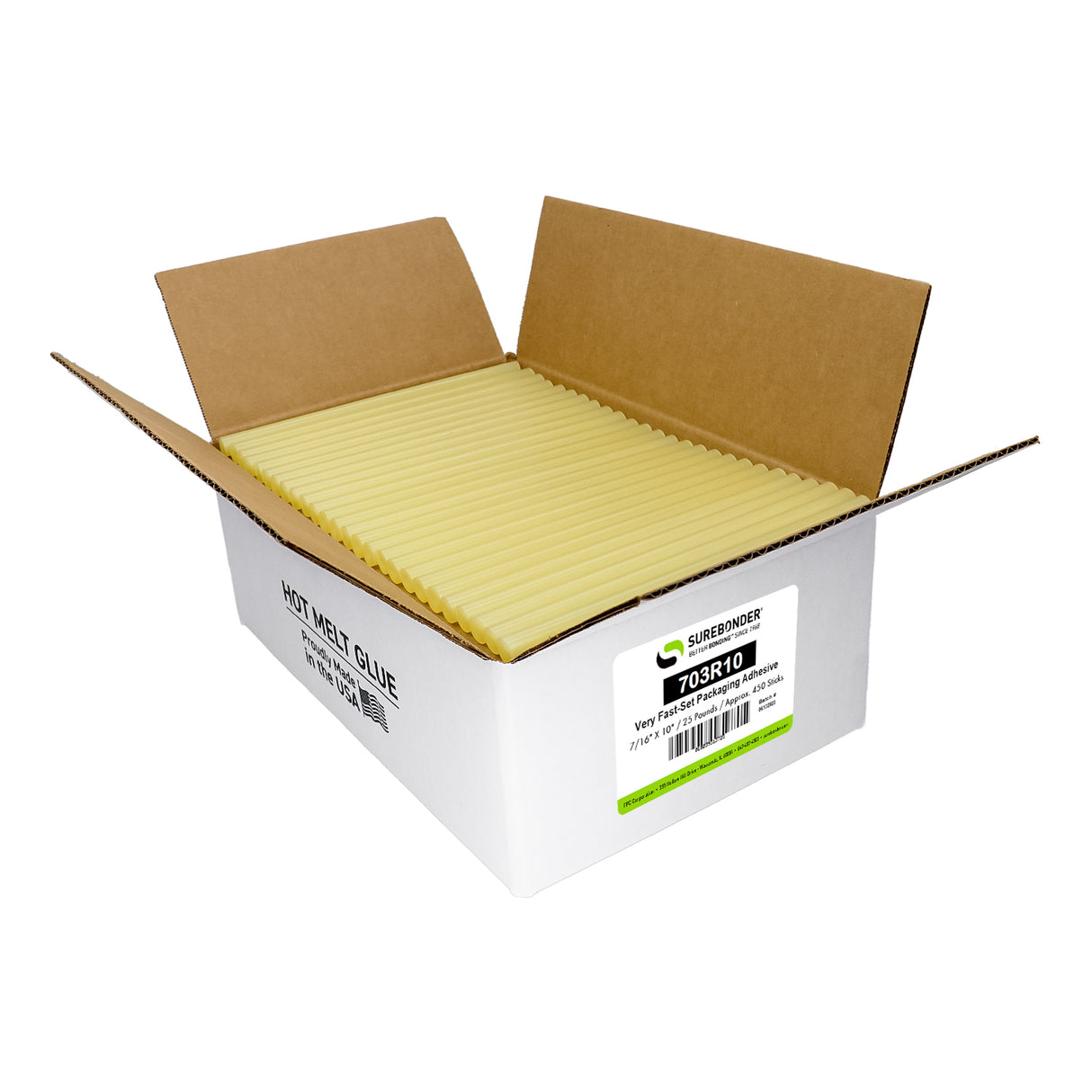 703R10 Full Size 10" Very Fast Set Hot Glue Sticks - 7/16" x 10" | 25 lb box