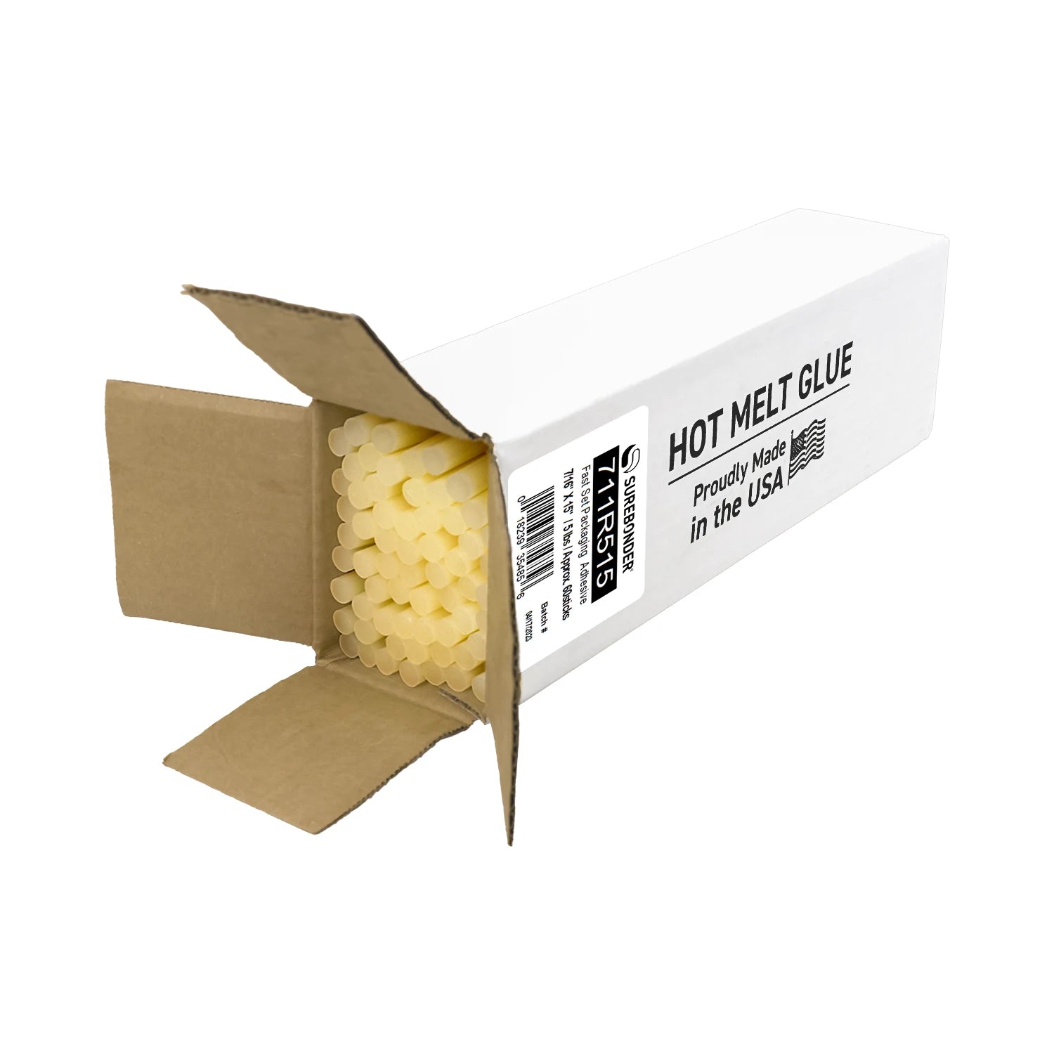 711R515 Fast Set Packaging Hot Melt Glue Sticks - 7/16" x 15" | 5 lb Box