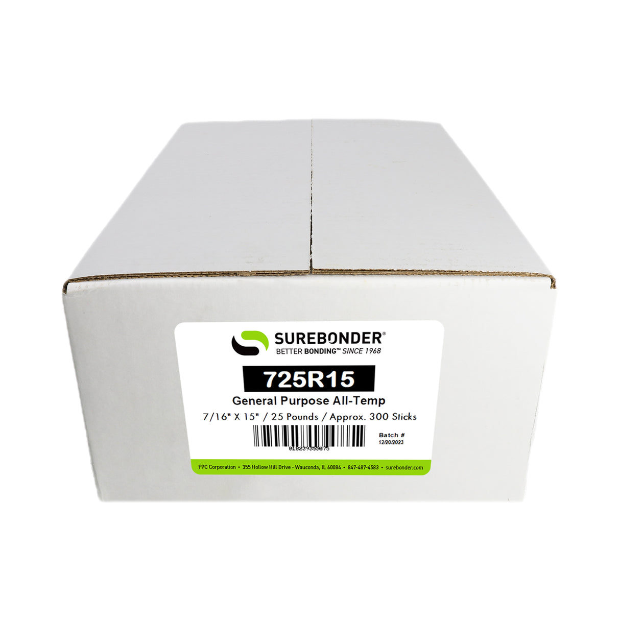 725R15 General Purpose All Temperature Hot Melt Glue Sticks - 7/16" x 15" | 25 lb box