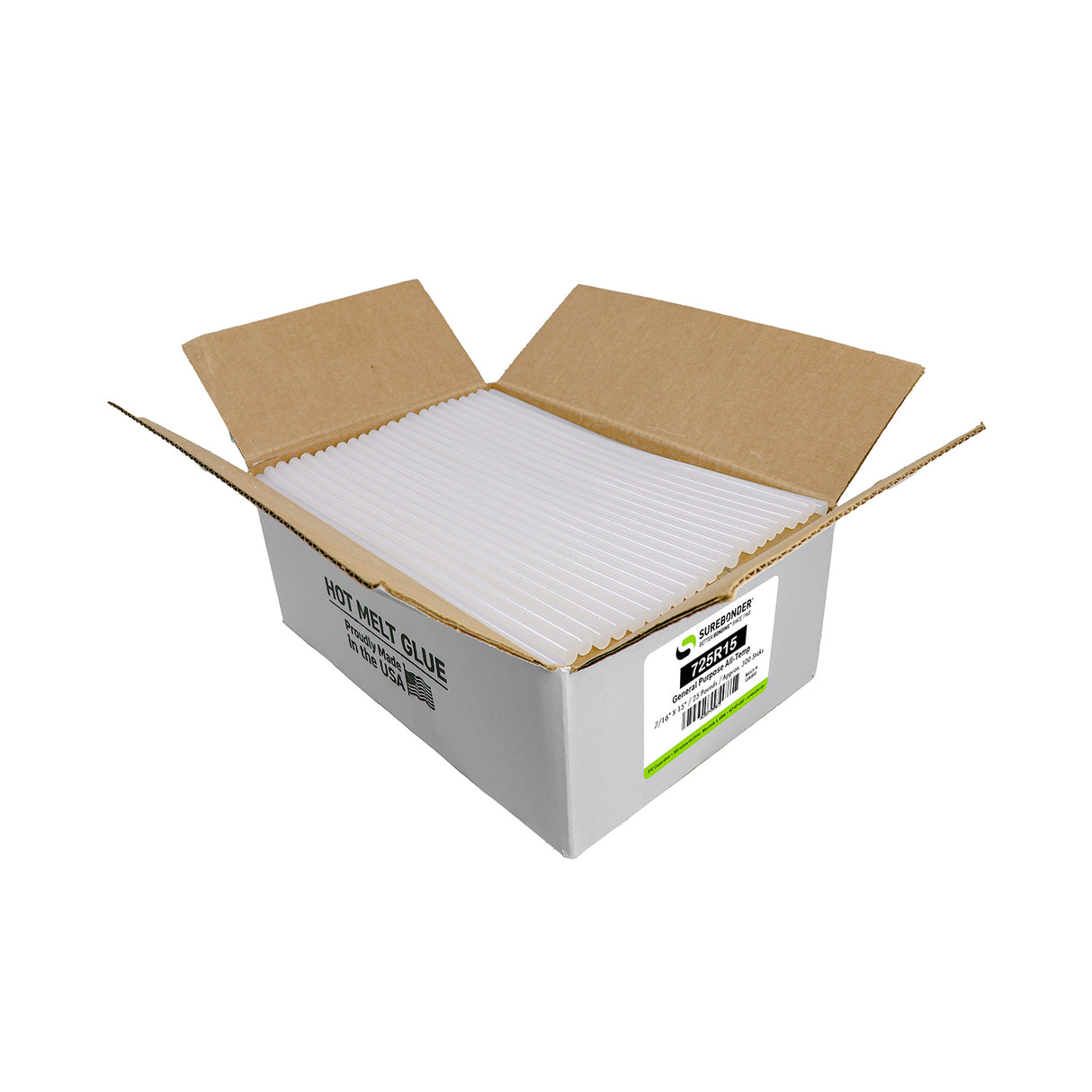 725R15 General Purpose All Temperature Hot Melt Glue Sticks - 7/16" x 15" | 25 lb box