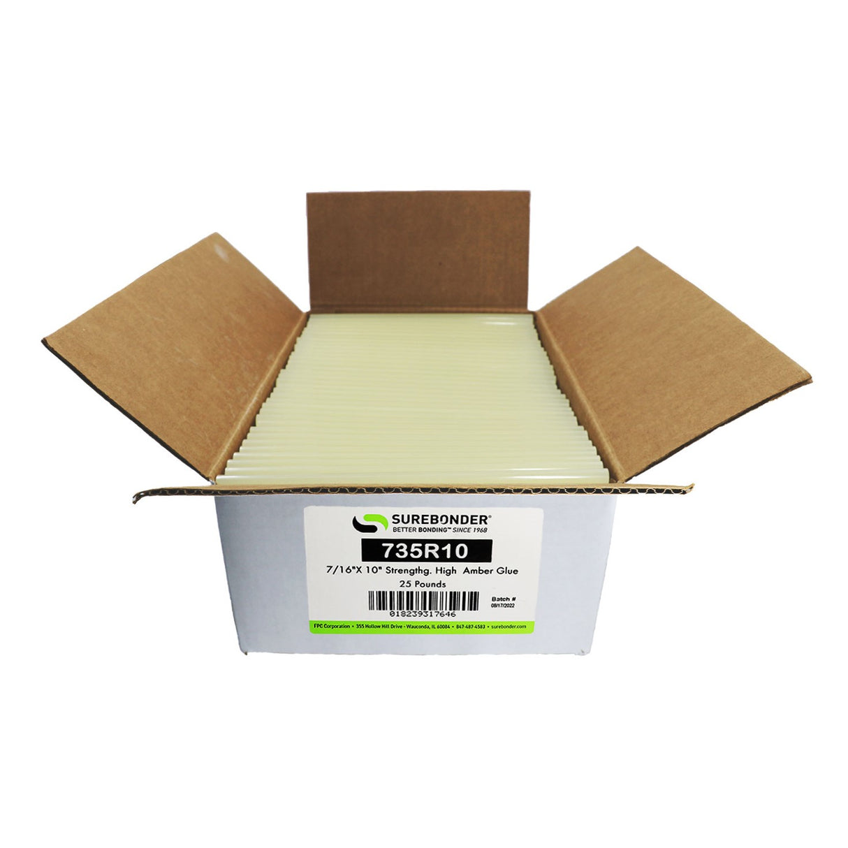 Surebonder industrial high strength hot glue sticks, 10 inches length, amber color, 25 lb. box, 450 sticks, Made in USA