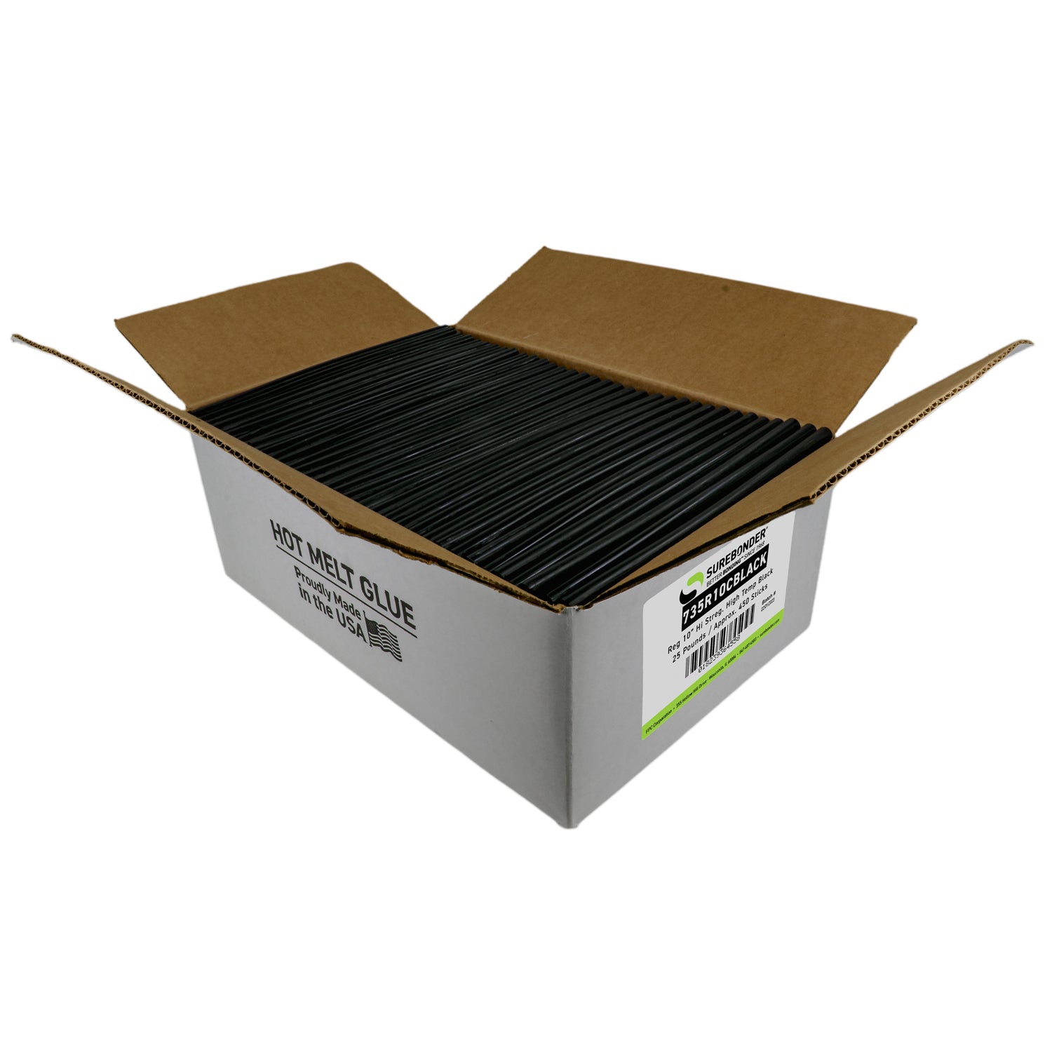 735R10CBLACK High Strength Hot Melt Glue Sticks 7/16" x 10" | 25 Lb Box - Surebonder