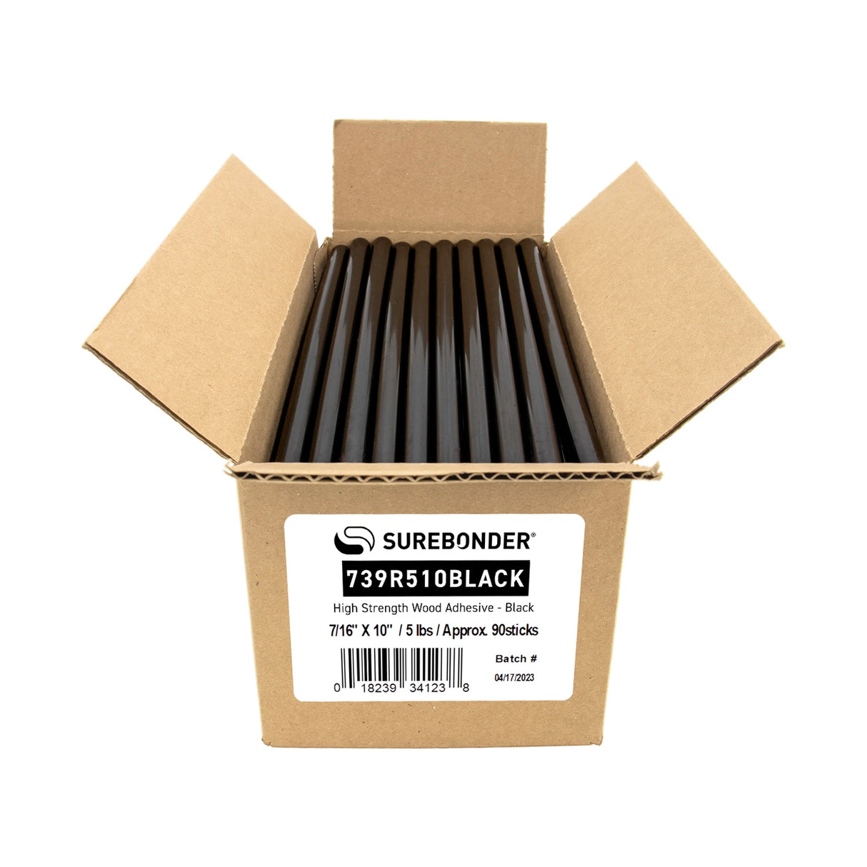 739R510BLACK High Strength Wood Hot Melt Black Glue Sticks - 7/16" x 10" | 5 Lb Box