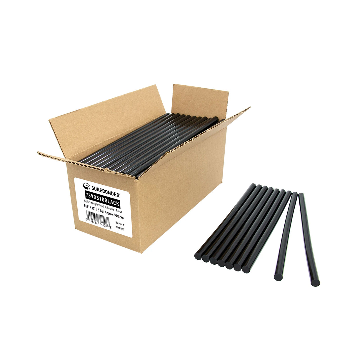 739R510BLACK High Strength Wood Hot Melt Black Glue Sticks - 7/16" x 10" | 5 Lb Box