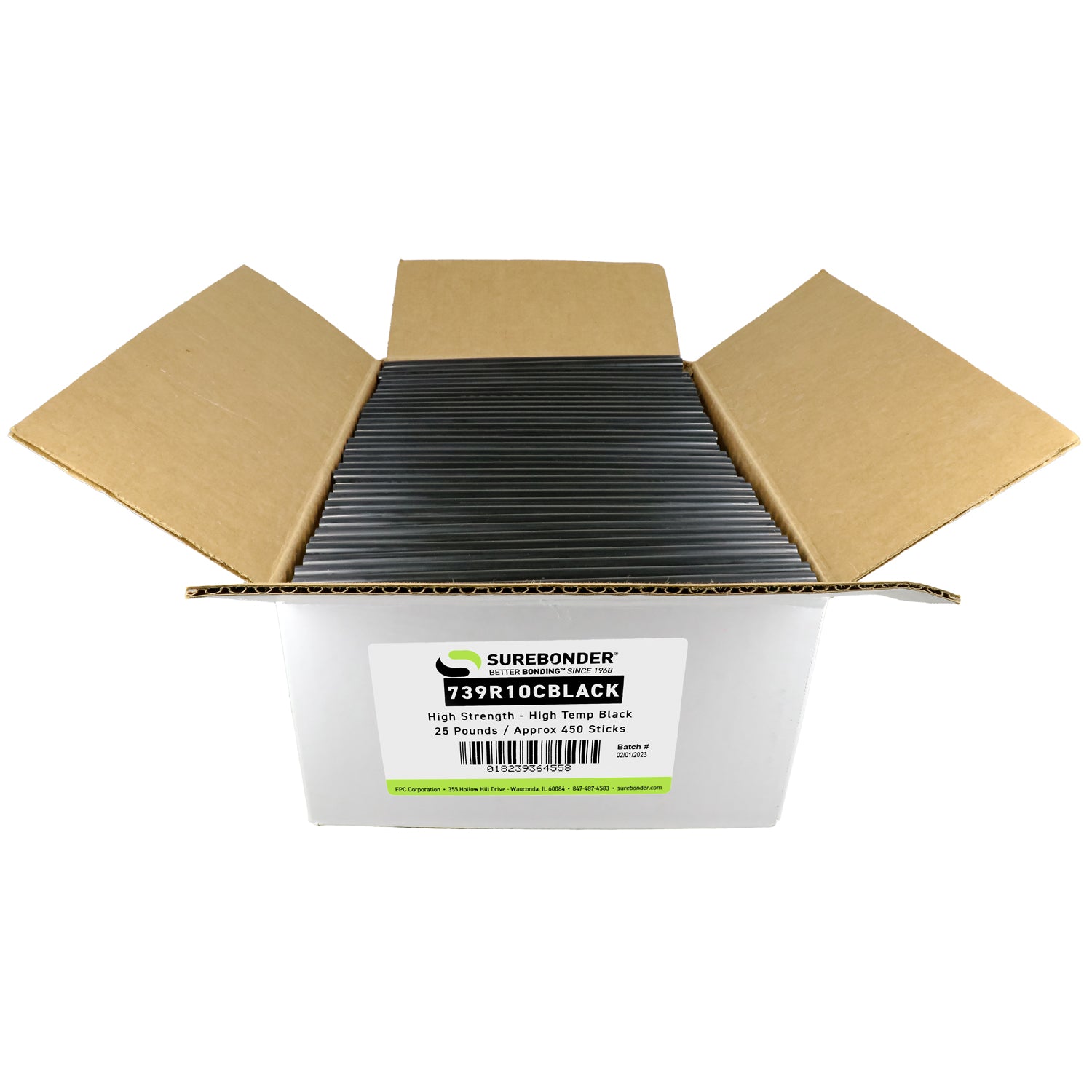 739R10CBlack High Strength Wood Hot Melt Glue Sticks - 7/16 x 10 | 25 Lb  Box