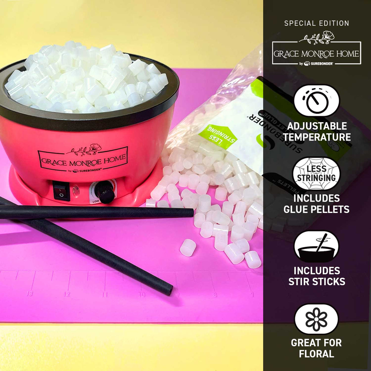 Surebonder pink glue skillet set with accessories for crafting and floral design with features listed