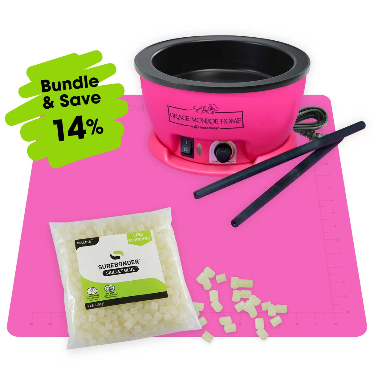 Grace Monroe Home Surebonder hot pink hot glue skillet with 2 Teflon stir sticks included