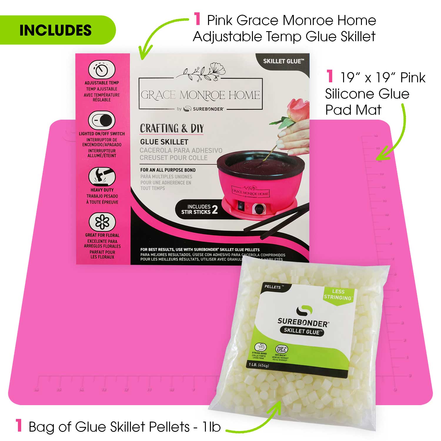 Glue Skillet features an adjustable temperature knob and lighted on/off switch, and two Surebonder stir sticks. Heavy duty Surebonder hot glue skillet which is great for floral applicatoins.
