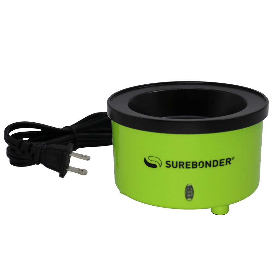 Surebonder's electric hot glue skillet, shaped like a bowl, is 5-1/4 inches in diameter with adjustable temperature knob