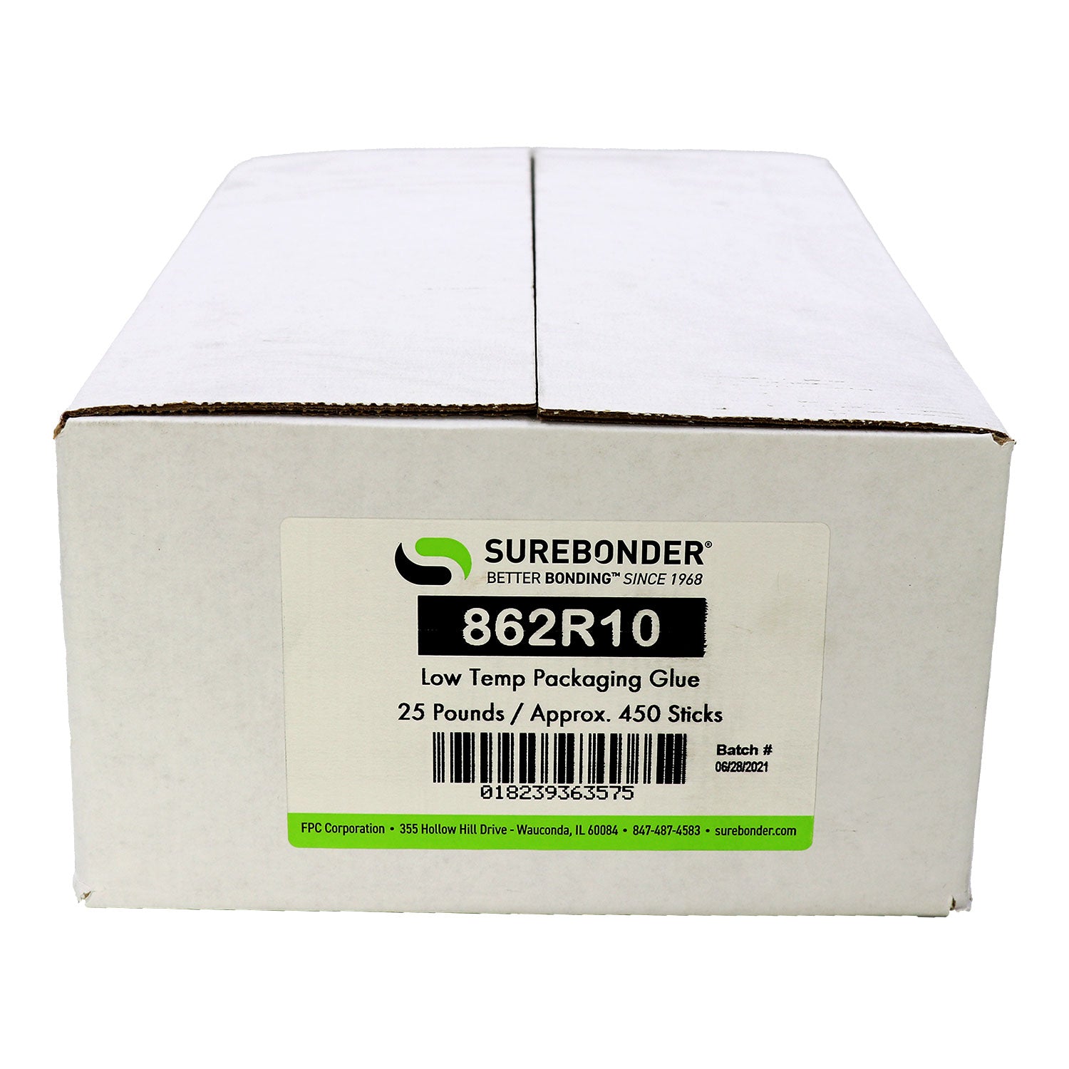 862R10 Low Temperature Packaging Hot Melt Glue Sticks - 7/16" x 10" | 25 Lb Box - Surebonder