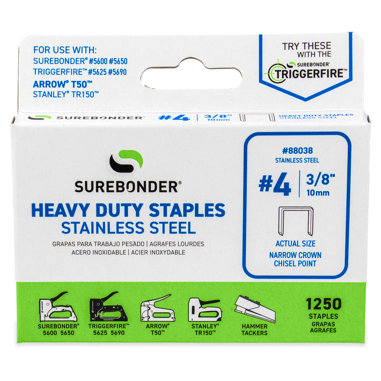 3/8" Stainless Steel Heavy Duty Narrow Crown Staples - 1250 Count | #4 Series