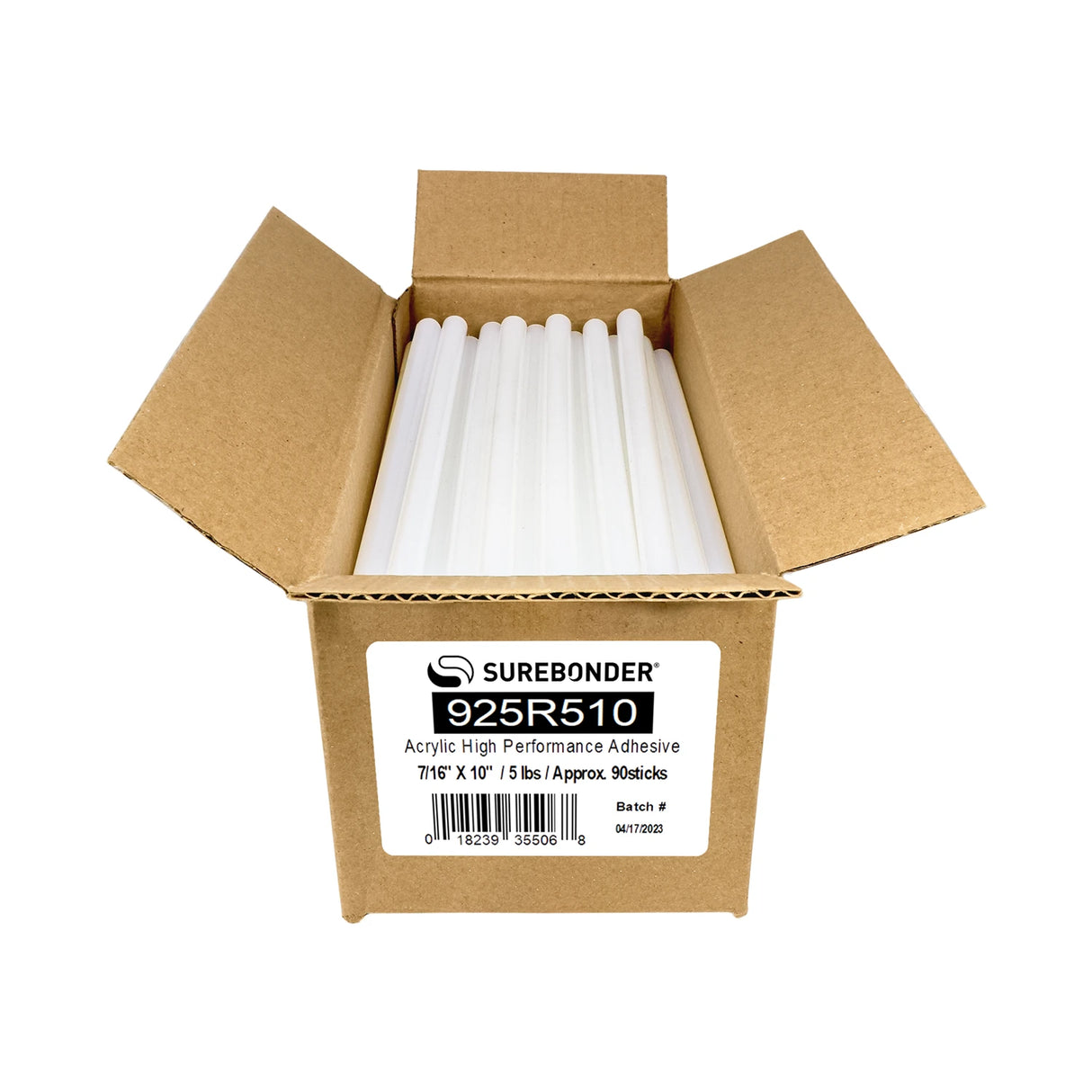 925R510 High Performance 1 Minute Open Time Acrylic Hot Melt Glue Sticks - 7/16" x 10" | 5 Lb Box