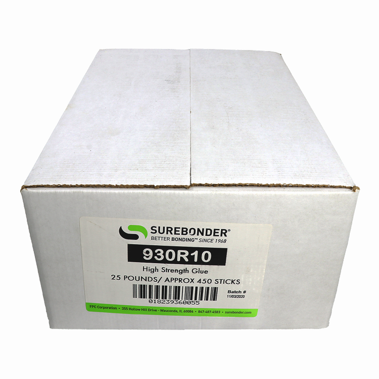 930R10 High Performance 3 Minute Open Time Hot Melt Glue Sticks - 7/16" x 10" | 25 Lb Box - Surebonder