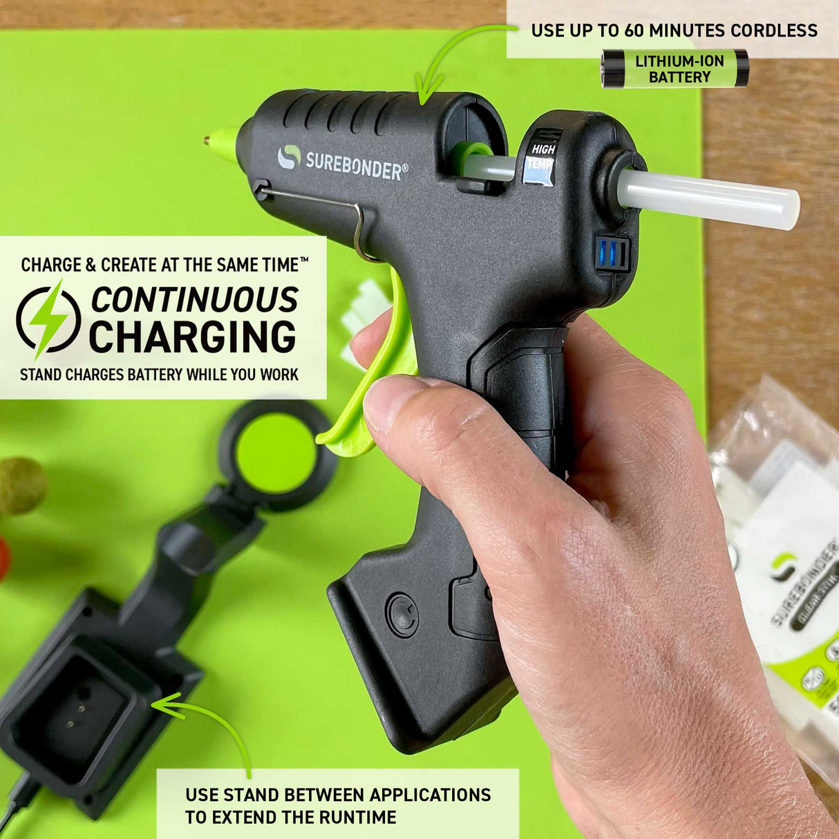 Surebonder cordless gun with text about continuous charging and lithium-ion battery on a green background