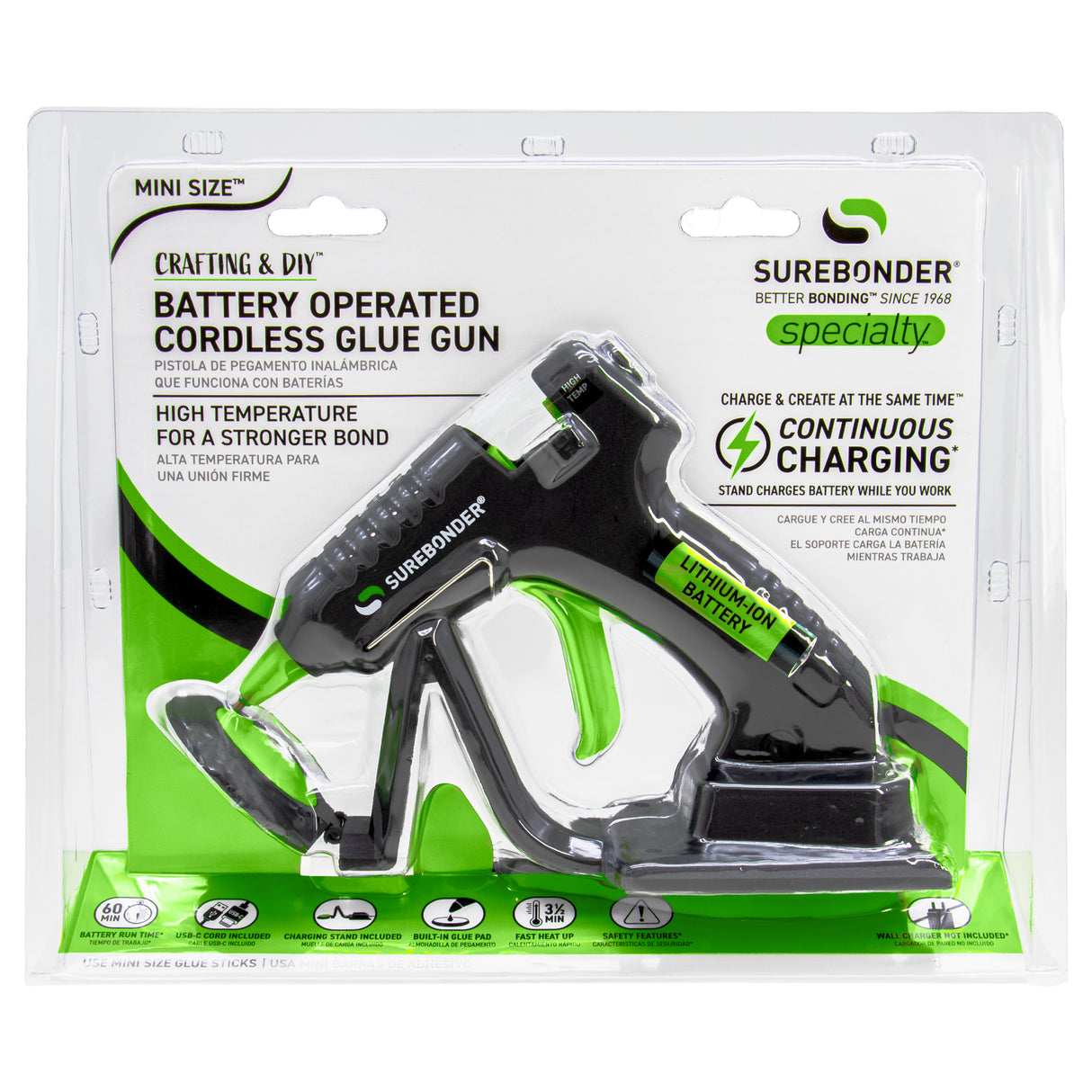 Surebonder battery-operated cordless glue gun packaging on a white background