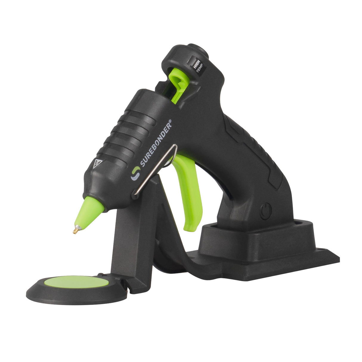 Black and green glue gun with Surebonder branding on a white background