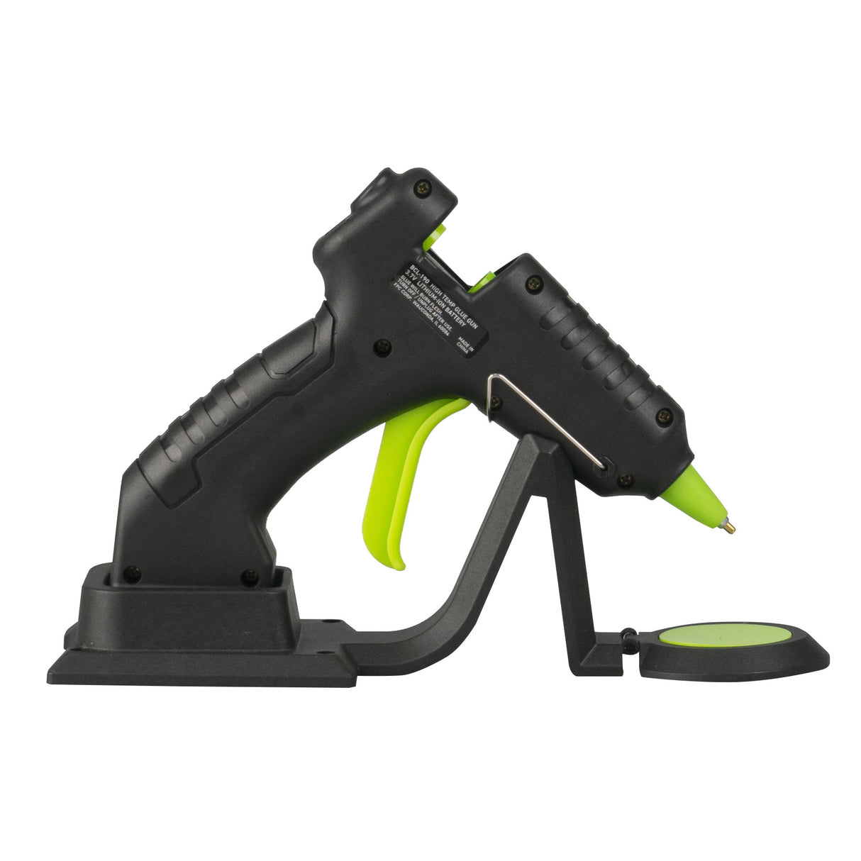 Black and green hot glue gun on a white background