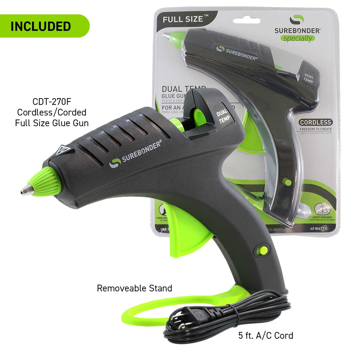 CDT-270F 40W Dual Temperature Full Size Cordless/Corded Hot Glue Gun