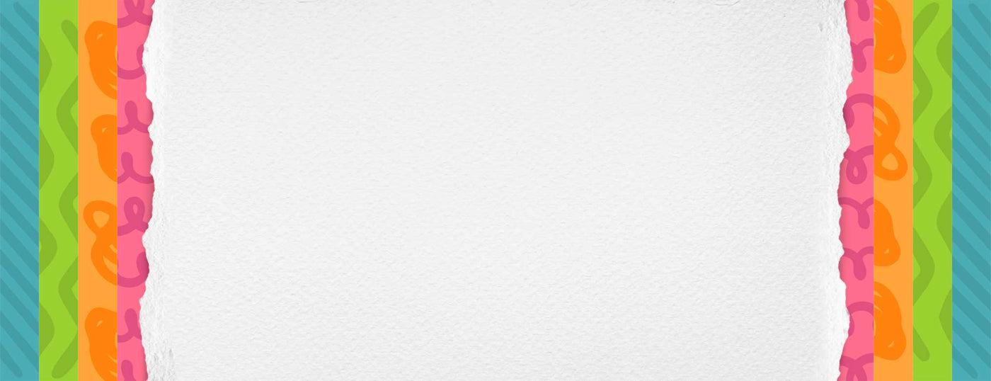 Colorful decorative border with pink, green, and blue patterns on a white paper background