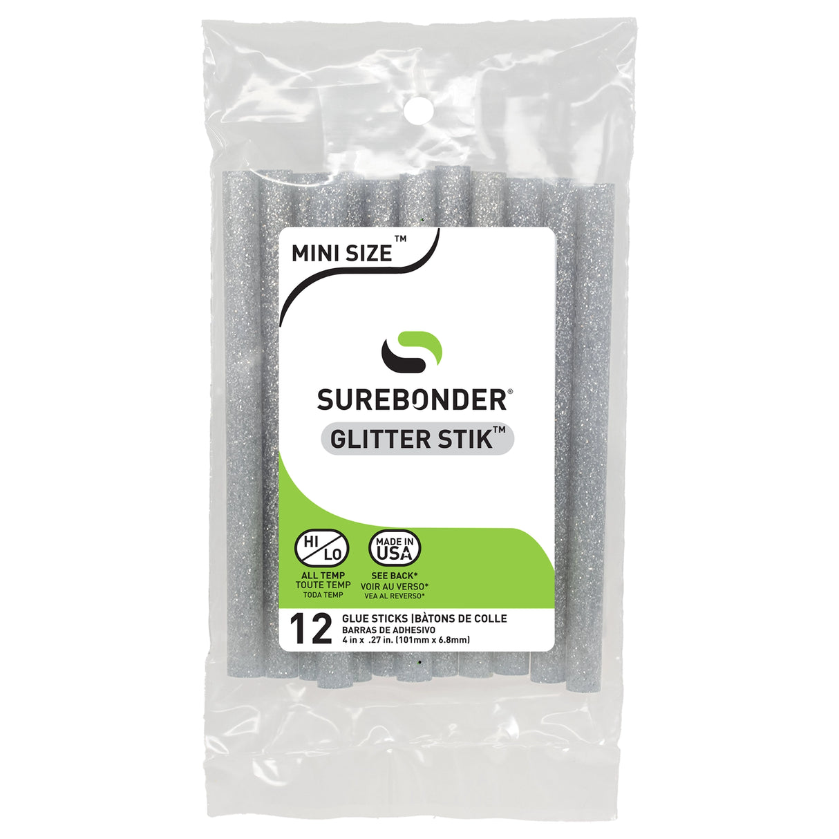 Glitter Stik 4" Mini Size Silver Glitter Hot Glue Sticks - 12 Pack