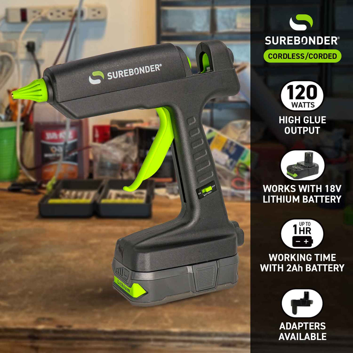HYBRID-120 120W High Temperature Full Size 18V Cordless/Corded Glue Gun Kit