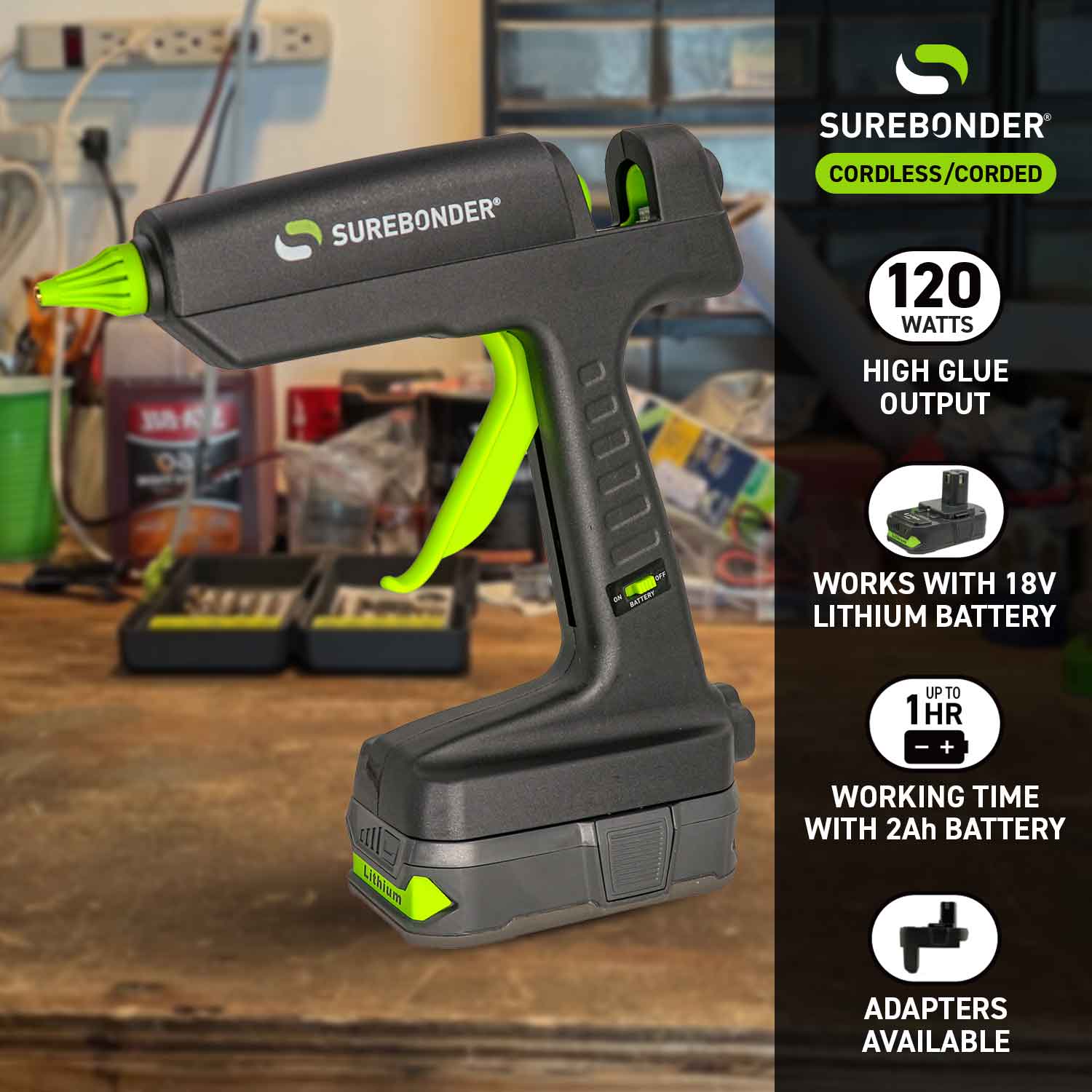 HYBRID-120 120W High Temperature Full Size 18V Cordless/Corded Glue Gun Kit