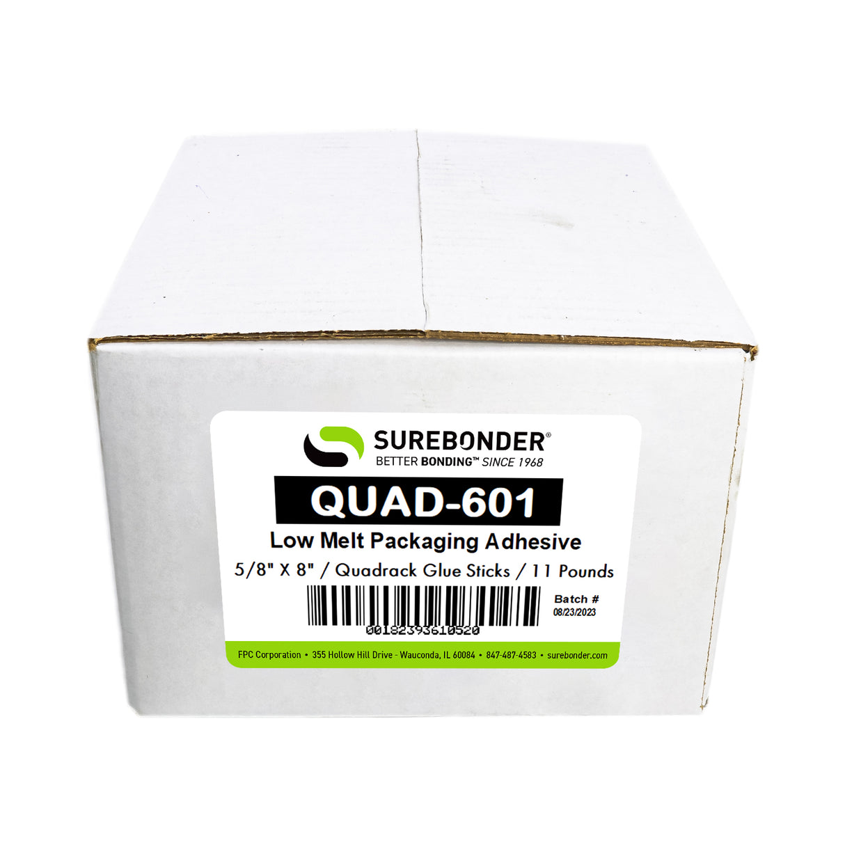 Surebonder 601 low melt packaging quad-style glue sticks in an 11 lb box front facing closed