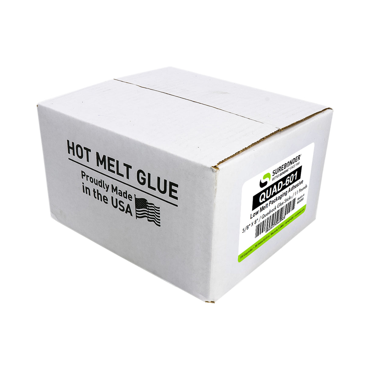 Surebonder 601 low melt packaging quad-style glue sticks in an 11 lb box side facing closed