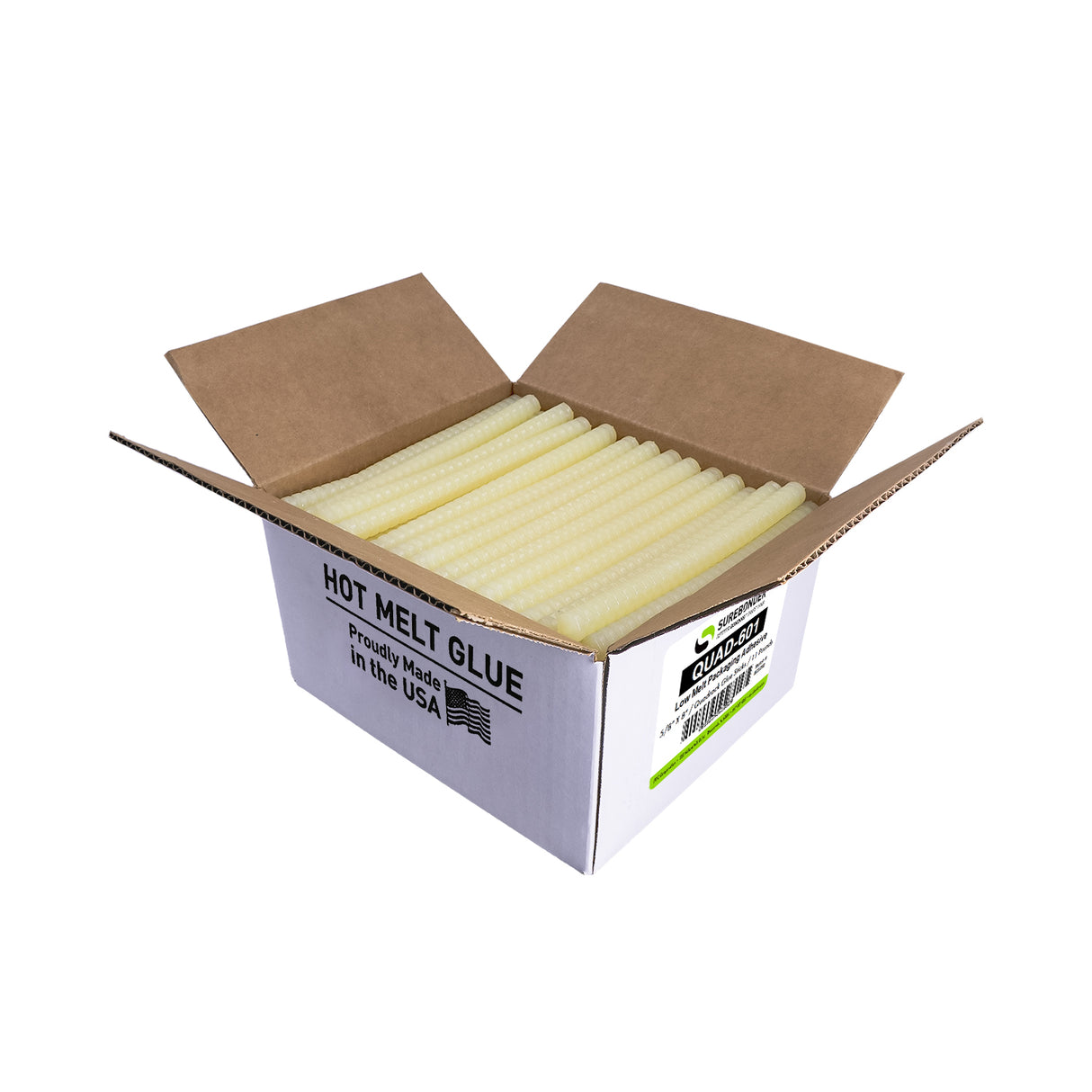 Surebonder 601 low melt packaging quad-style glue sticks in an 11 lb box side facing open