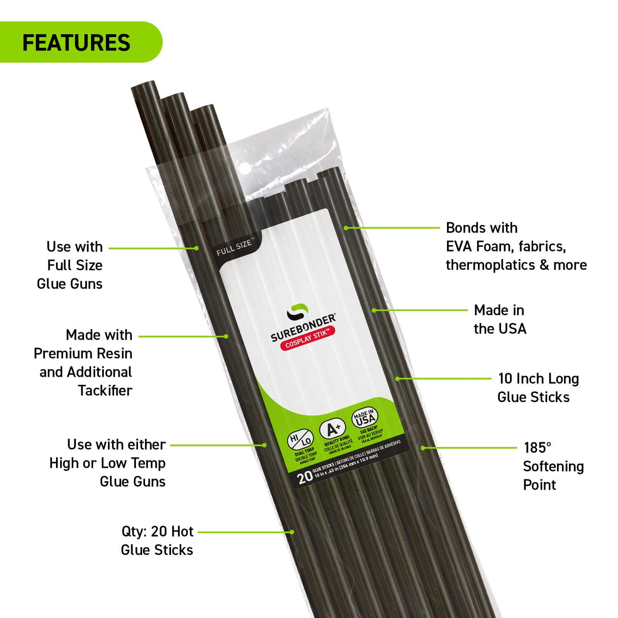 Cosplay Black Hot Glue Sticks For High & Low Temperatures, Full Size 10" - 20 Pack - Surebonder