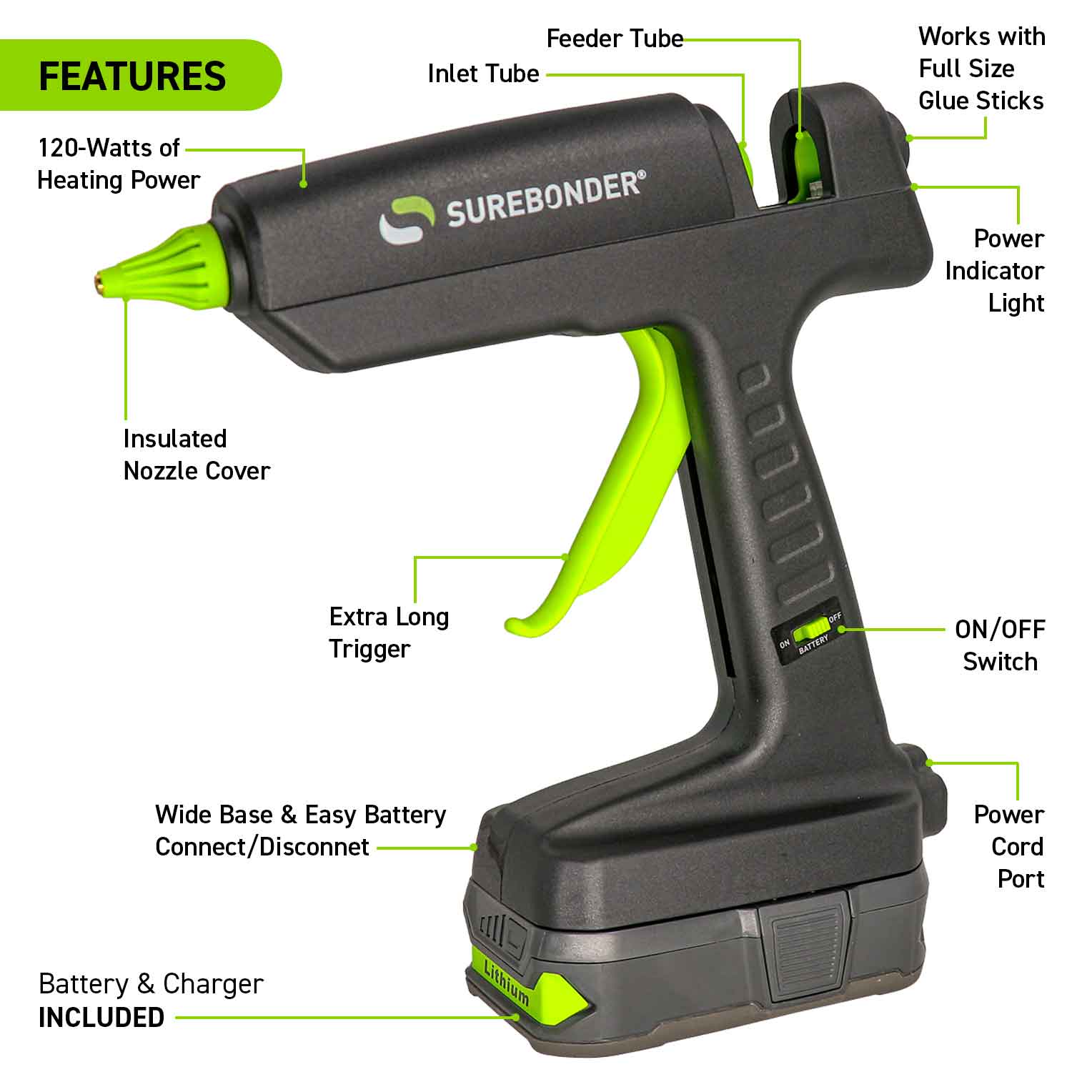 HYBRID-120KIT 120 Watt Corded/Cordless Hybrid Full Size Hot Melt Glue Gun - 18V Lithium-Ion Battery & Charger Included - Surebonder