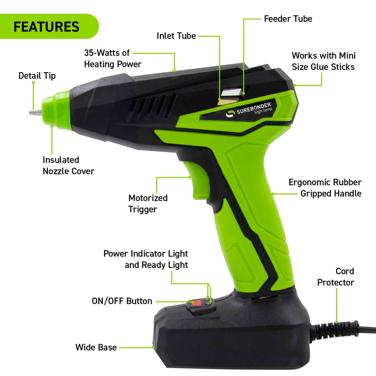 Motorized Mini Glue Gun Kit with 4" Glue Pad and 5 ft Glue Roll - Surebonder