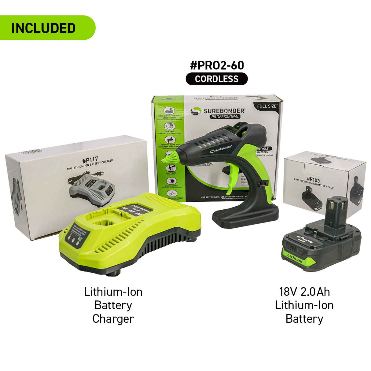 PRO2-60KIT 60 Watt Cordless Professional Heavy Duty Hot Melt Glue Gun Kit-Full Size-18V Lithium-Ion Battery & Charger Included - Surebonder