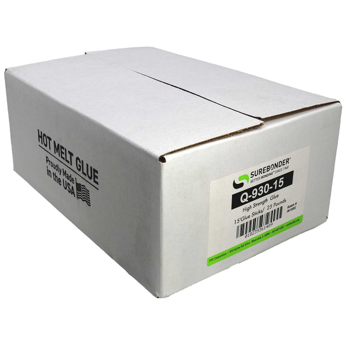 Q-930-15 High Performance 3 Minute Open Time Hot Melt Glue Sticks - 5/8" x 15" | 25 Lb Box - Surebonder