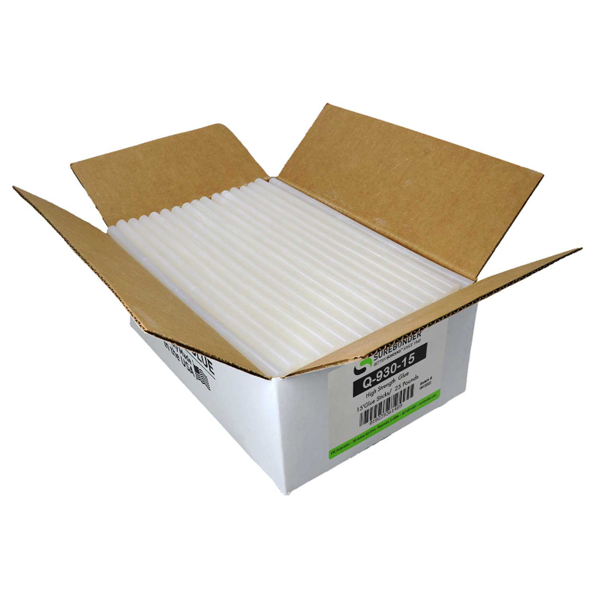 Q-930-15 High Performance 3 Minute Open Time Hot Melt Glue Sticks - 5/8" x 15" | 25 Lb Box - Surebonder
