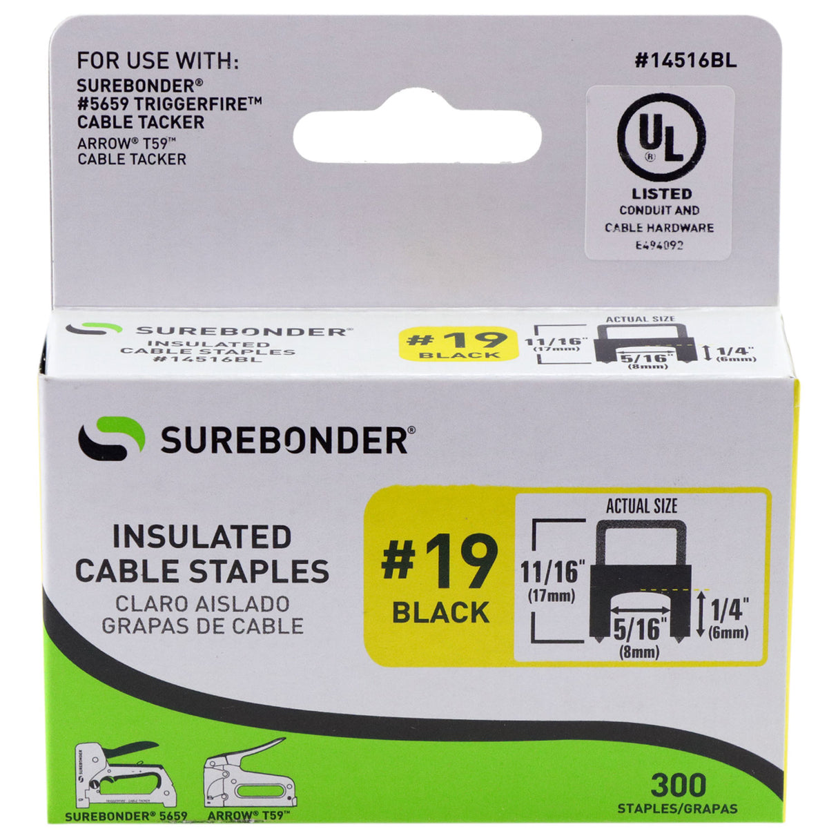 Insulated Cable Staples, Black, 1/4" x 5/16", 300 Pack, No. 19 (14516BL) - Surebonder